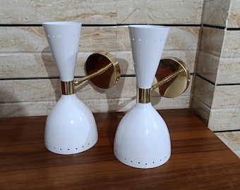 Mid Century Brass Italian Diabolo Wall Sconce Light Fixture 2 Bulb Pair