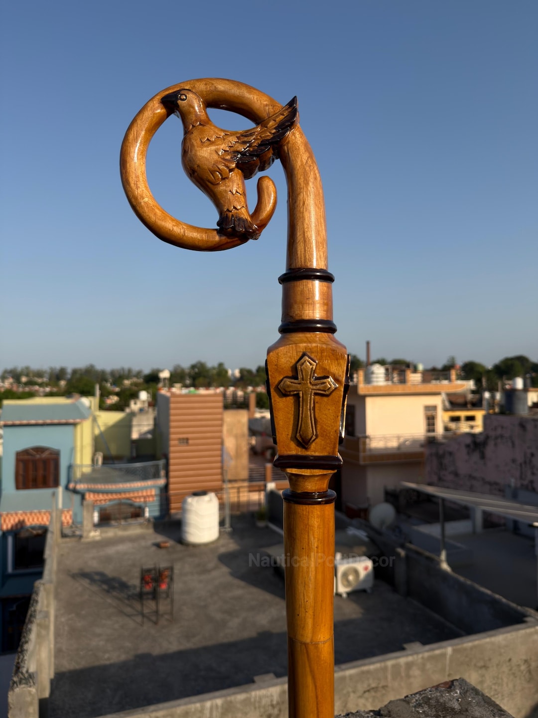 Hand Carved Wooden Bishop Crozier Staff – Bird Cross Detail, Shepherd ...