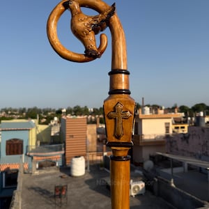 May include: A wooden shepherd's staff with a carved bird at the top and a cross design. The staff is made of light brown wood with dark brown accents. The background shows a cityscape under a blue sky.