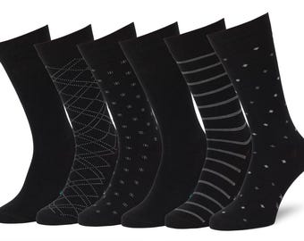 Easton Marlowe Mens Dress Socks 10-13 Black Classic Patterned Socks 6-Pack Seamless Toe, Reinforced Heel and Toe