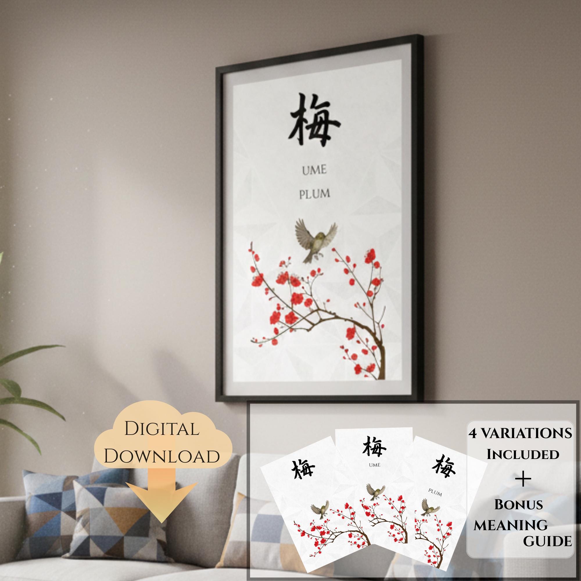 Japanese Kanji Wall Art “ume” 梅 – Plum Blossom & White-eye Bird - Etsy