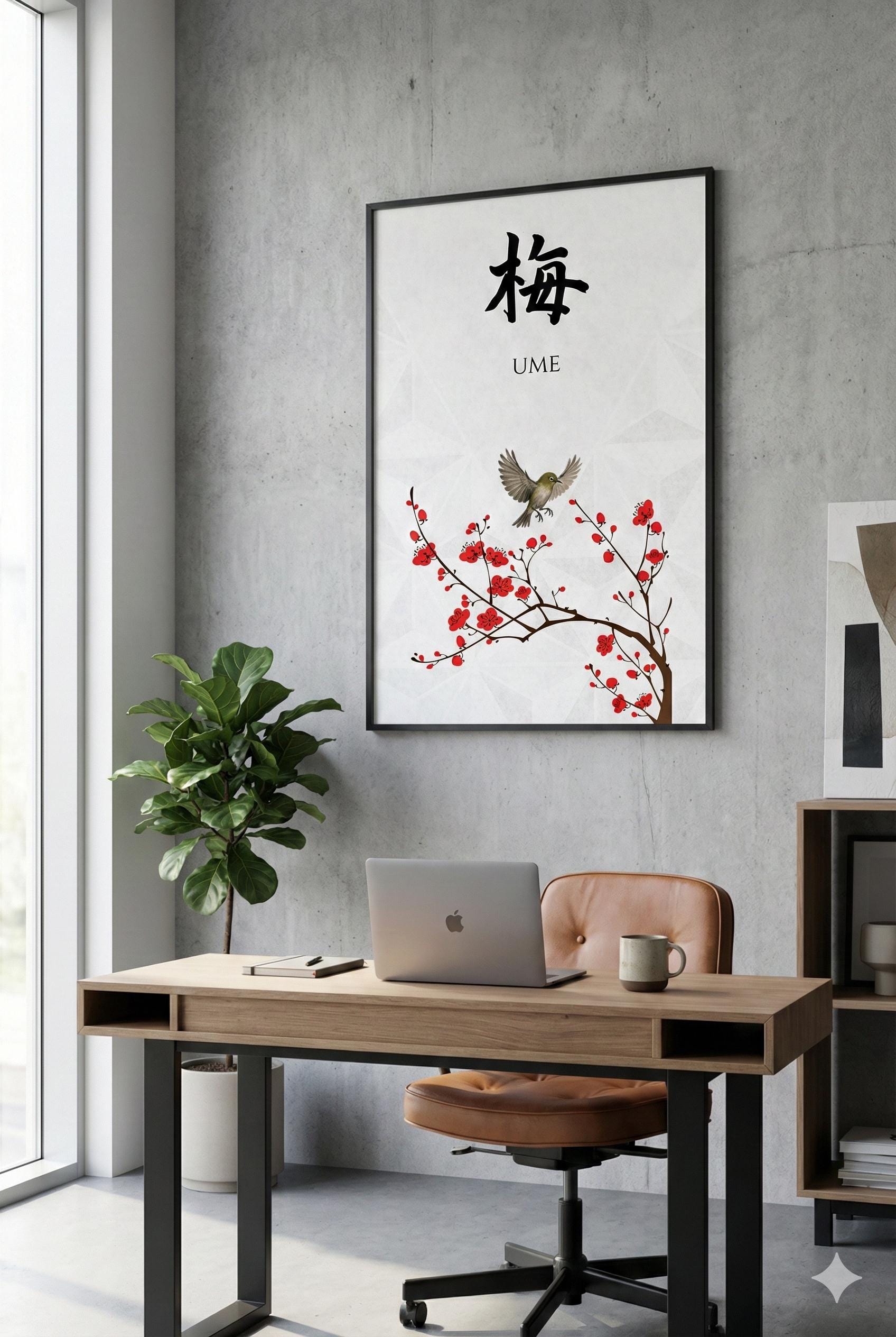 Japanese Kanji Wall Art “ume” 梅 – Plum Blossom & White-eye Bird - Etsy