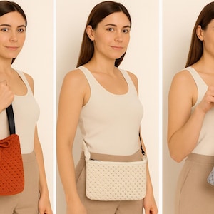 May include: Three images showcasing different woven handbags. The first is a burnt orange bucket bag with a black strap. The second is a cream-colored rectangular crossbody bag. The third is a small, light blue wristlet bag.