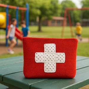 May include: A red crocheted pouch with a white cross design. The rectangular pouch is placed on a green picnic table. The background shows a playground with children playing.