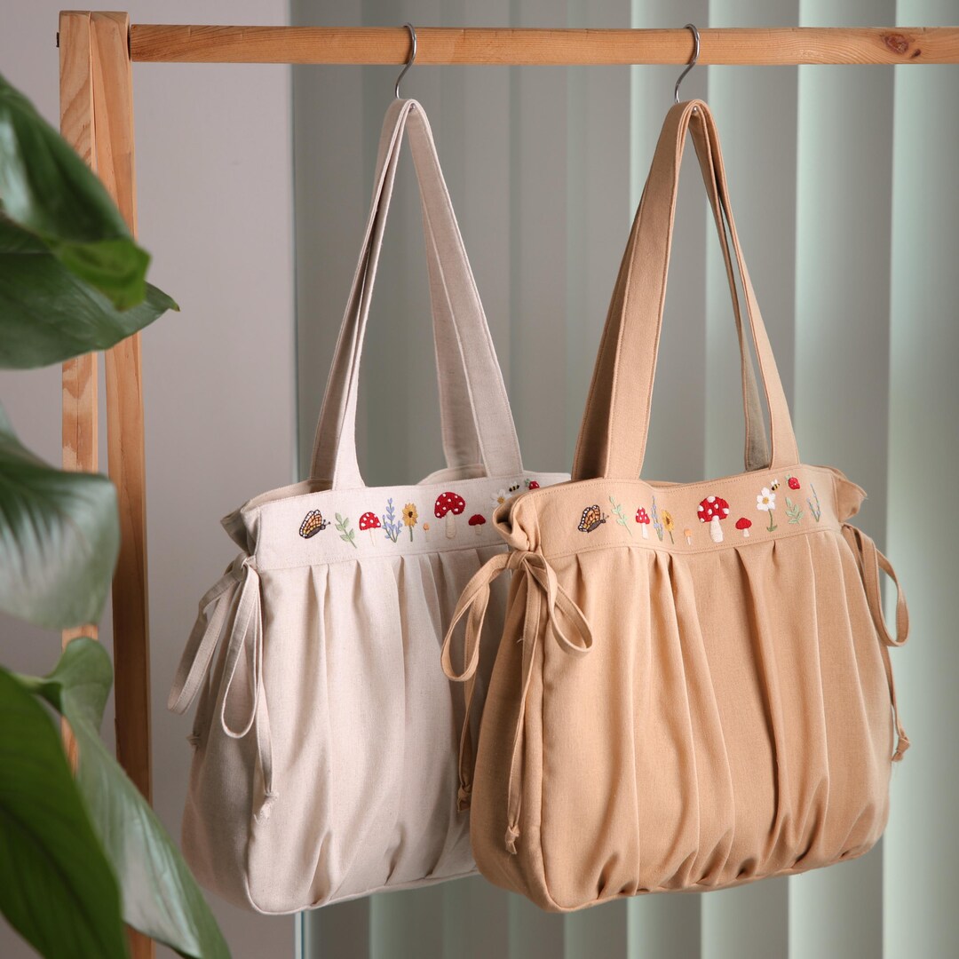 Hand-embroidered Linen Tote Bag: Floral Mushroom Design - Etsy