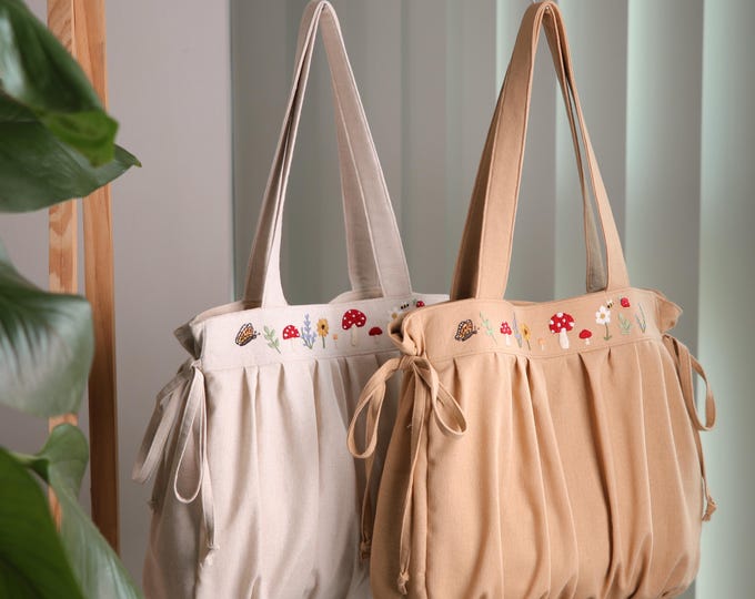 Hand-Embroidered Linen Tote Bag: Floral Mushroom Design