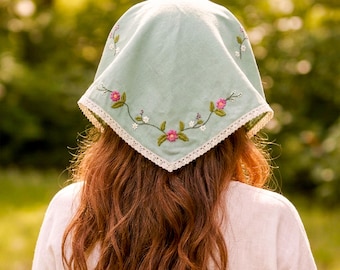 Hand Embroidered Linen Head Scarf, Floral Triangle Kerchief, Cottagecore Hair Scarf