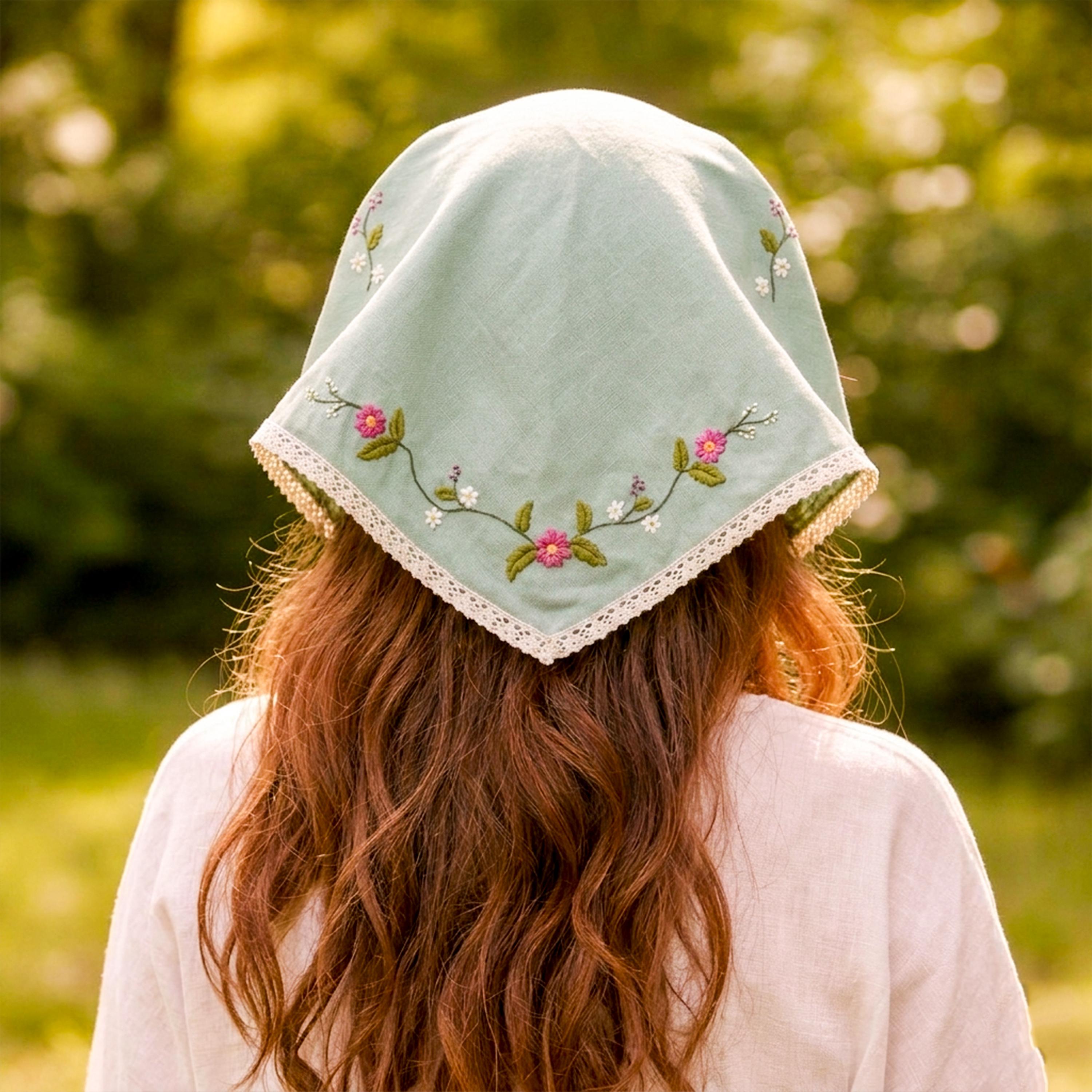 Hand Embroidered Linen Head Scarf, Floral Triangle Kerchief, Cottagecore Hair Scarf