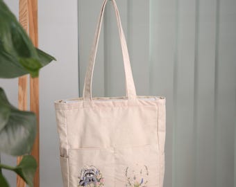 Hand Embroidered Raccoon Linen Tote Bag – Floral Canvas Shoulder Bag