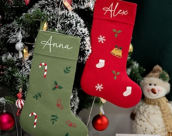 Personalized Christmas Stocking, Hand Embroidered Linen, Custom Name, Red or Green