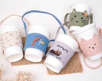 Floral Embroidered Linen Cup Holder: Reusable Drink Sleeve
