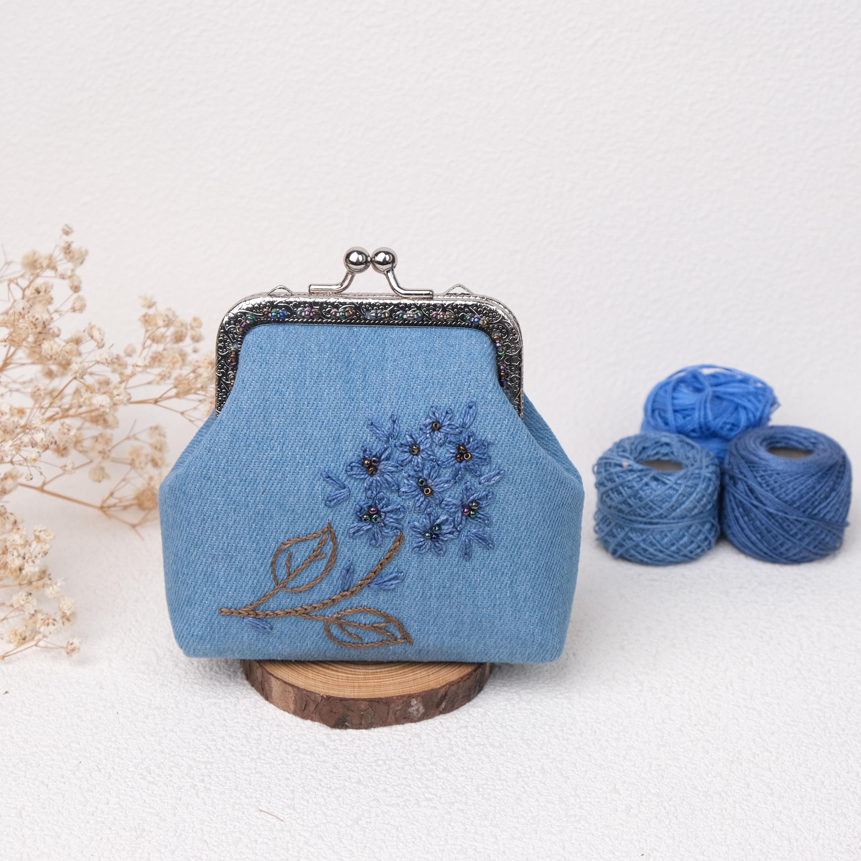 Hand Embroidered Linen Coin Purse: Beaded Floral Kiss Lock Bag - Etsy