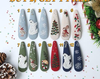 Weihnachtliche bestickte Haarspangen - Handgefertigte Leinen Haarspangen, Geschenk zum Jahresende