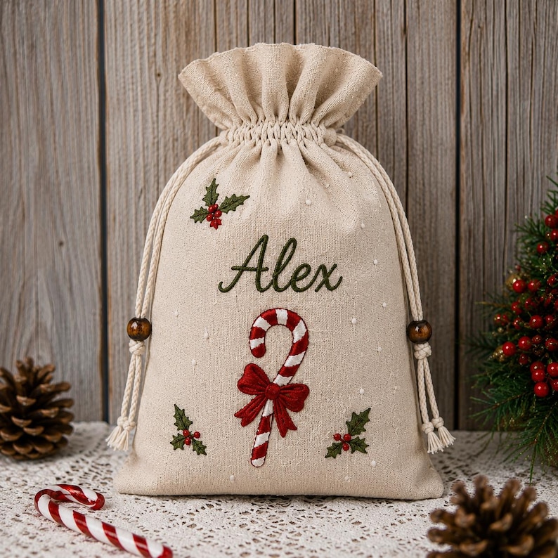 May include: A beige drawstring gift bag made of fabric featuring the embroidered name Alex in green script. The bag is decorated with a red and white candy cane, a red bow, and green holly leaves with red berries, finished with white cord ties.