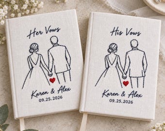 Personalisiertes Hochzeitsgelübdebuch-Set, handbesticktes Leinen-Erinnerungsstück für die Ehegelübde von Mann und Frau