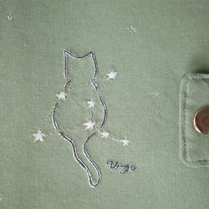 Embroidered Zodiac Cat Journal Cover: Handmade Linen Astrology Pouch