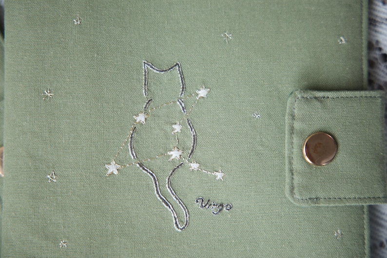 Embroidered Zodiac Cat Journal Cover: Handmade Linen Astrology Pouch