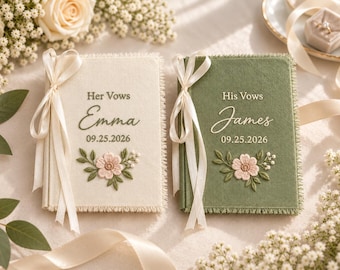 Personalized Floral Wedding Vow Book Set, Hand Embroidered Linen His and Her Vows