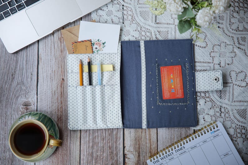Embroidered Zodiac Cat Journal Cover: Handmade Linen Astrology Pouch