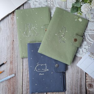 Embroidered Zodiac Cat Journal Cover: Handmade Linen Astrology Pouch