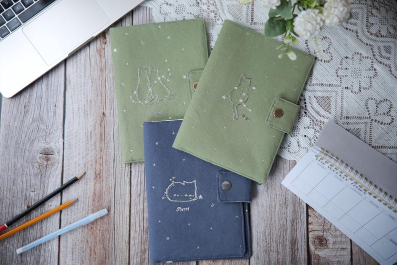 Embroidered Zodiac Cat Journal Cover: Handmade Linen Astrology Pouch