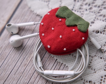 Strawberry Cord Organizer, Linen Earbud Holder, Headphone Wrap, Charging Case, Tech Accessory