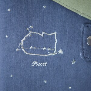 Peut inclure: Gros plan sur un tissu bleu marine avec une broderie du signe astrologique des Poissons. Le motif est en fil blanc et comprend le mot "Pisces". Un bouton-pression argent&eacute; est visible &agrave; droite, et un tissu vert en haut.