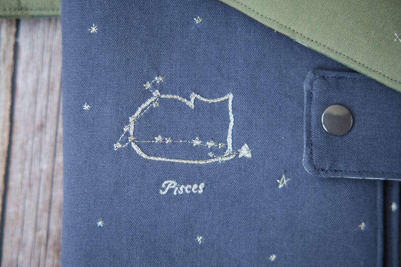 Peut inclure: Gros plan sur un tissu bleu marine avec une broderie du signe astrologique des Poissons. Le motif est en fil blanc et comprend le mot "Pisces". Un bouton-pression argent&eacute; est visible &agrave; droite, et un tissu vert en haut.