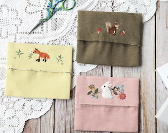 Hand Embroidered Linen Pouch – Woodland Animals, Tissue or Pad Holder