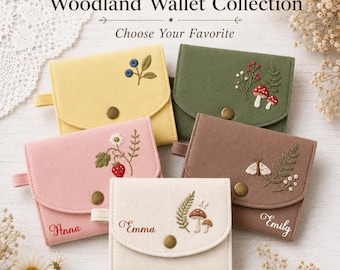 Portefeuille personnalisé motif forêt, porte-cartes en lin brodé à la main, cadeau pour les amoureux de la nature