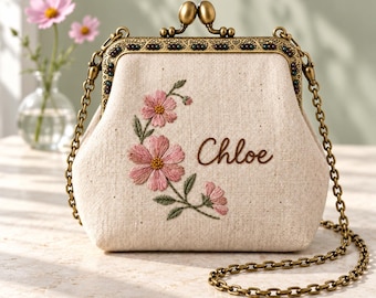 Personalized Cosmos Coin Purse, Hand Embroidered Linen Kisslock Bag with Chain Strap