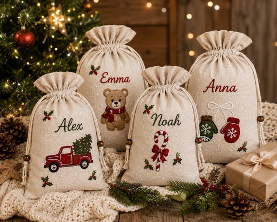 Personalized Kids Christmas Sack, Hand Embroidered Santa Bag, Custom Name Linen Gift Bag