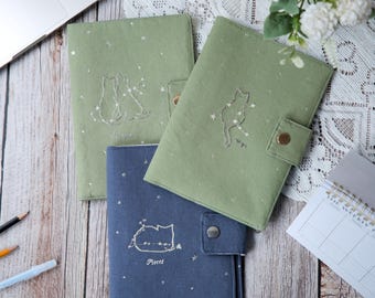 Embroidered Zodiac Cat Journal Cover: Handmade Linen Astrology Pouch