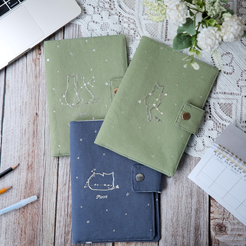Embroidered Zodiac Cat Journal Cover: Handmade Linen Astrology Pouch