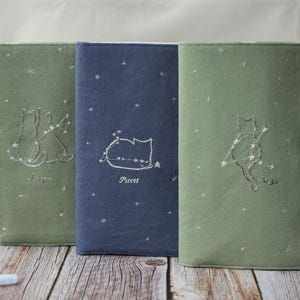 Embroidered Zodiac Cat Journal Cover: Handmade Linen Astrology Pouch