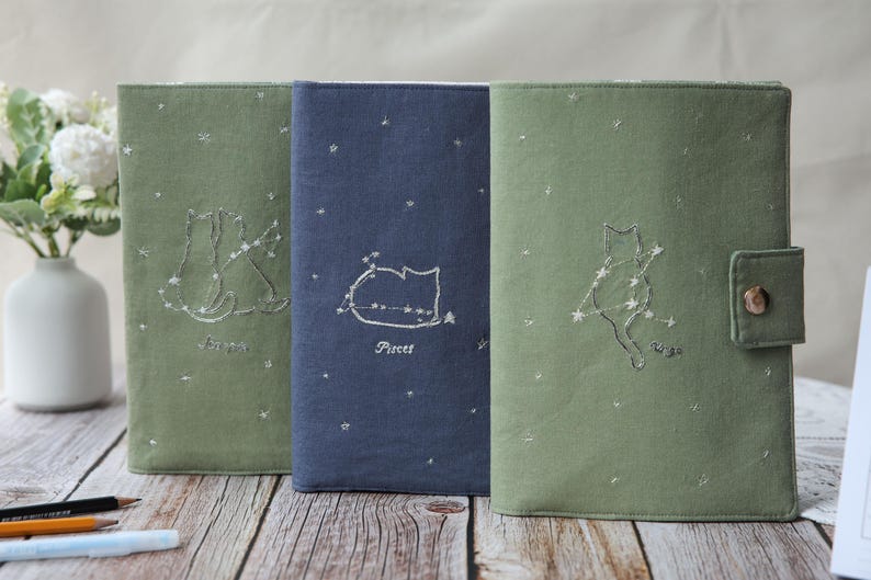 Embroidered Zodiac Cat Journal Cover: Handmade Linen Astrology Pouch