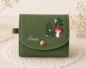 Portefeuille en lin brodé à la main, petit porte-cartes à motif floral, pochette en tissu champignon pour femme