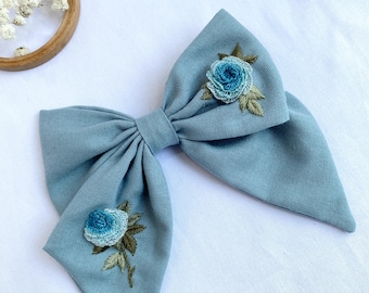 Handmade Embroidered Linen Hair Bow: Vintage Floral Hair Tie