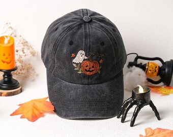 Cappellino da baseball di Halloween ricamato a mano: disegno di zucca e fantasma