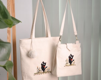 Handmade Embroidered Cat Linen Tote Bag Set – Gift for Cat Lovers