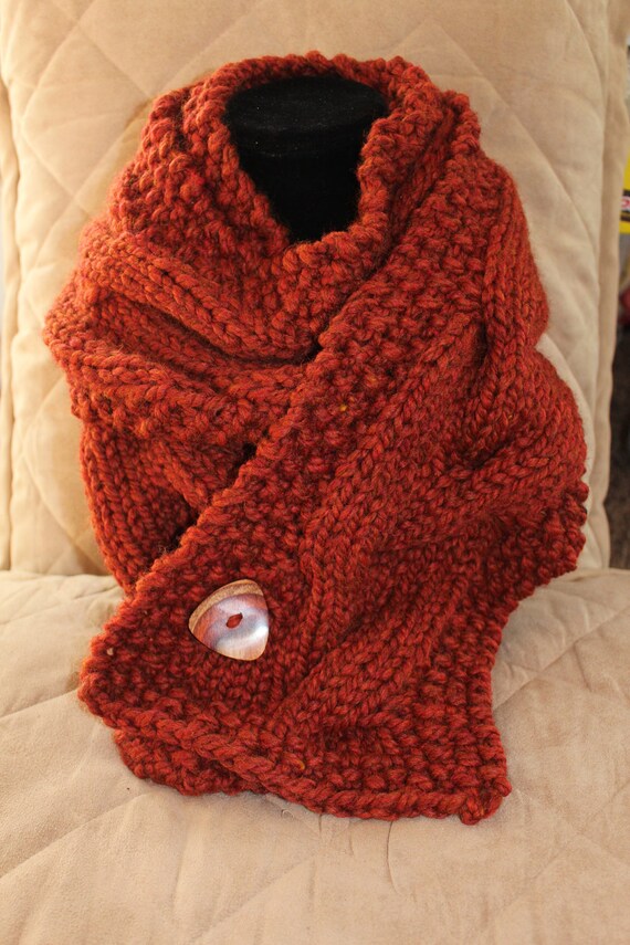 Download Items similar to Beautiful, Chunky Cable, hand- knit scarf with button closure. Color: Spice on Etsy