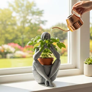 以下が含まれることがあります： 緑の植物が入ったテラコッタの鉢を持つ、灰色の座った姿のプランター。銅製のじょうろが植物に水をやっています。プランターは、明るい緑色の背景のある白い窓枠に置かれています。