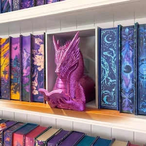 May include: A metallic magenta dragon sculpture reading a book, nestled within a white shelf unit. The dragon is surrounded by a collection of decorative books with colorful covers, including floral and celestial designs. The shelves are white.