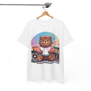 Cute Music Bear T-Shirt, Unisex Heavy Cotton Tee, Music Lover Gift, Cartoon Animal Shirt, Cozy Casual Wear, Unique Graphic Tee