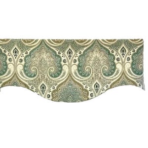 Window Valance Green Ivory Damask Paisly Design Linen Drapery Fabric Window Treatment