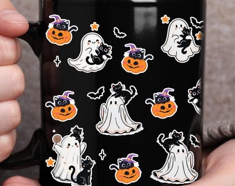 Halloween Ghost Cat Mug, Spooky Season Cat Mug, Cute Cat Halloween Mug, Gifts For Her, Black Cat Ghosts Coffee Mug, Fall Pumpkin Cat