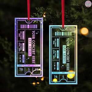 Crafted from premium clear acrylic, each concert ticket ornament features crisp engraving and sleek edges that reflect light beautifully on your Christmas tree