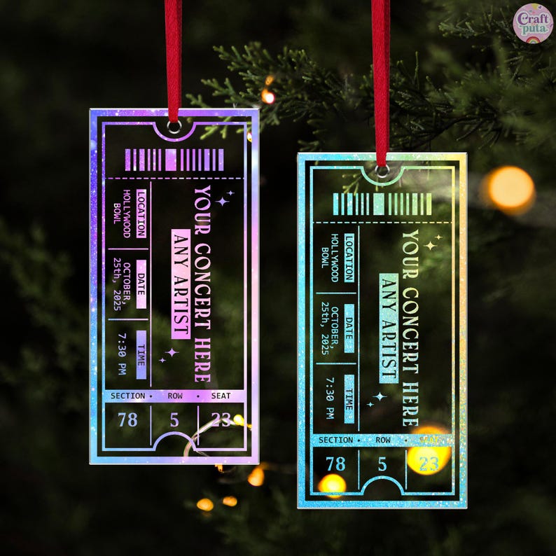 Crafted from premium clear acrylic, each concert ticket ornament features crisp engraving and sleek edges that reflect light beautifully on your Christmas tree