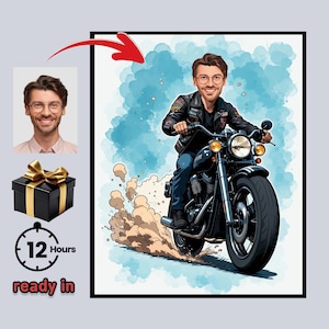 May include: Cartoon illustration of a man riding a black motorcycle, with a cloud of dust behind it. The man wears a black leather jacket and glasses. A portrait and a gift box are also shown. Text reads "ready in 12 hours."