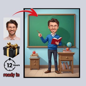 May include: A cartoon illustration of a teacher in a classroom setting. The teacher, wearing glasses and a blue sweater, holds a book and pointer. A gift box with a gold bow and the text "ready in 12 hours" are also shown.
